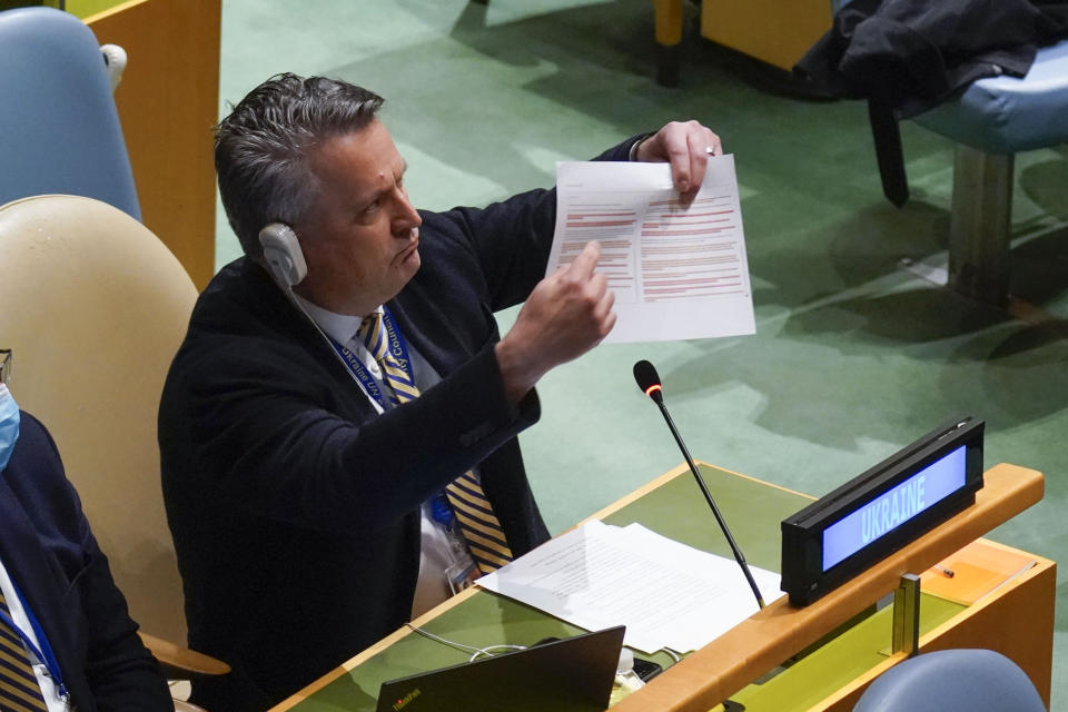 Ukranian Ambassador to the United Nations Sergiy Kyslytsya speaks after a vote during an emergency meeting of the General Assembly at United Nations headquarters, Thursday, March 24, 2022. (AP Photo/Seth Wenig)