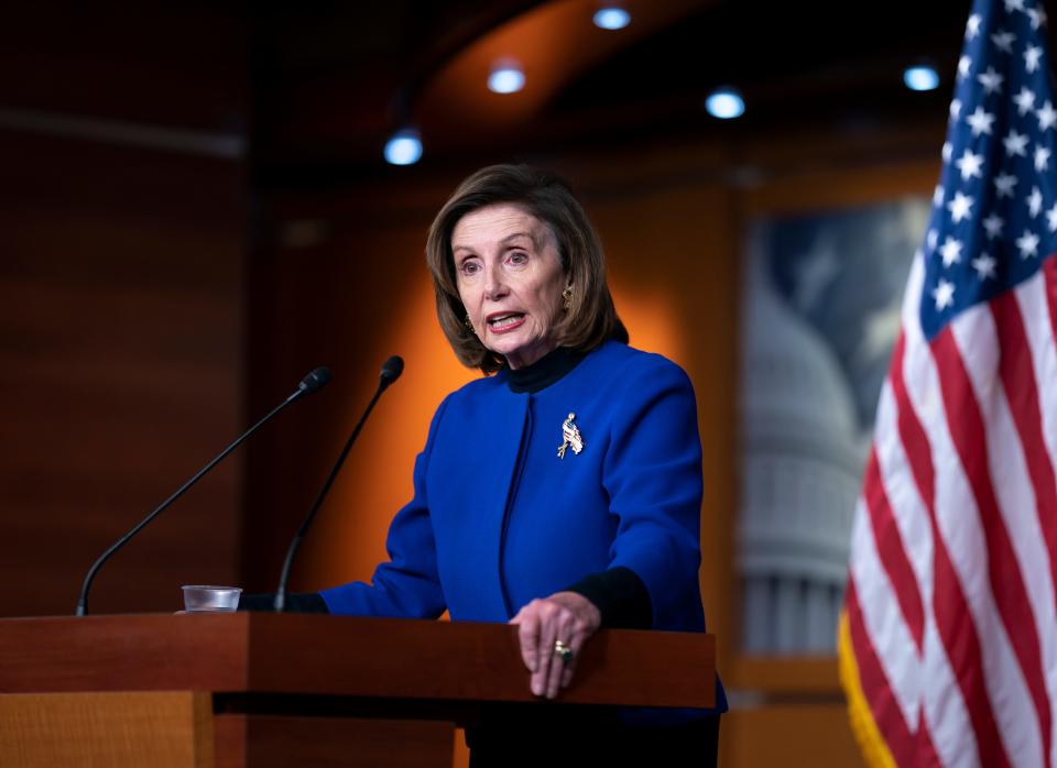 House Speaker Nancy Pelosi, D-Calif., updates reporters on funding the government Thursday.