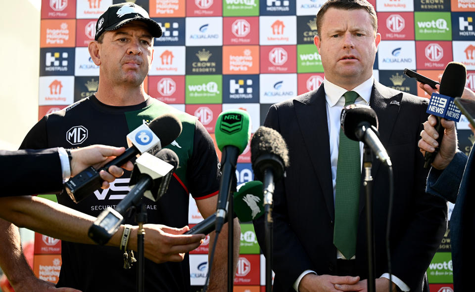 Jason Demetriou and Blake Solly at a South Sydney press conference.