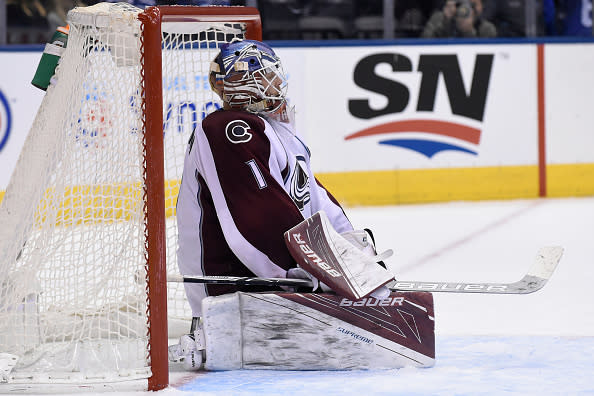 TORONTO, ON - DECEMBER 11: Colorado Avalanche Goalie Semyon Varlamov (1) takes a breather after fighting off two penalties during the regular season NHL game between the Colorado Avalanche and Toronto Maple Leafs on December 11, 2016 at Air Canada Centre in Toronto, ON. (Photo by Gerry Angus/Icon Sportswire via Getty Images)