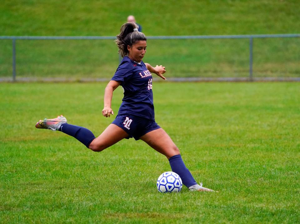 Henna Andican of Mountain Lakes take a shot on goal. Sparta at Mountain Lakes girls soccer on Tuesday, Oct. 5, 2021.