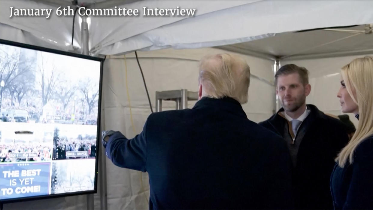 Donald Trump, left, with his son Eric and daughter Ivanka in a tent at the Jan. 6 rally, in footage shown at the House select committee hearing on June 28. (House TV)