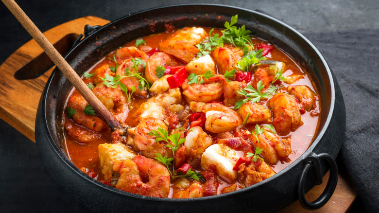 Red seafood stew in pot 