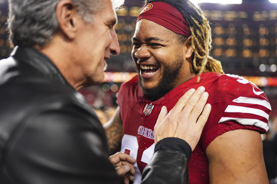 Chase Young of the San Francisco 49ers celebrates after the NFC championship game against the Detroit Lions. (Photo by Cooper Neill/Getty Images)