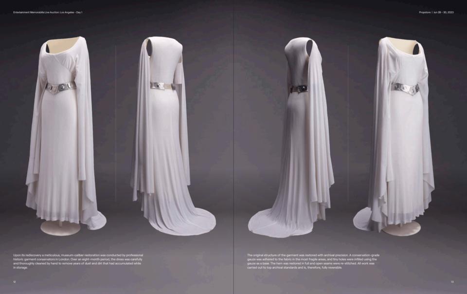 photo showing four views of Princess Leia's white ceremonial dress from 