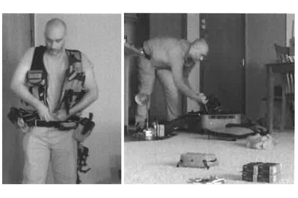 In this combo of images released by the North Dakota Attorney General's Office, Mohamad Barakat tries on a tactical vest, left, and minutes later loads weapons into a suitcase before leaving his apartment on the morning of July 14, 2023, in Fargo, N.D. Newly released investigative reports into a shooting ambush of police officers last year in Fargo, show the gunman preparing the night before the deadly attack, loading his weapons and visiting a gun range in the hours leading up to the shooting on July 14. (North Dakota Attorney General's Office via AP)