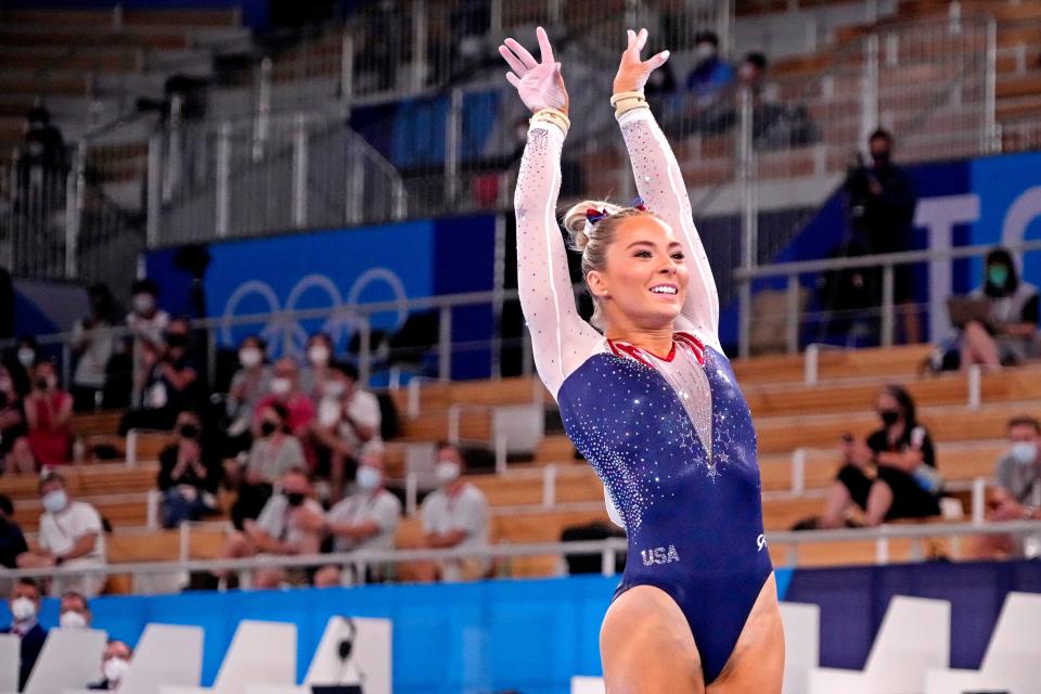 Mykayla Skinner competes on the vault at Ariake Gymnastics Centre.