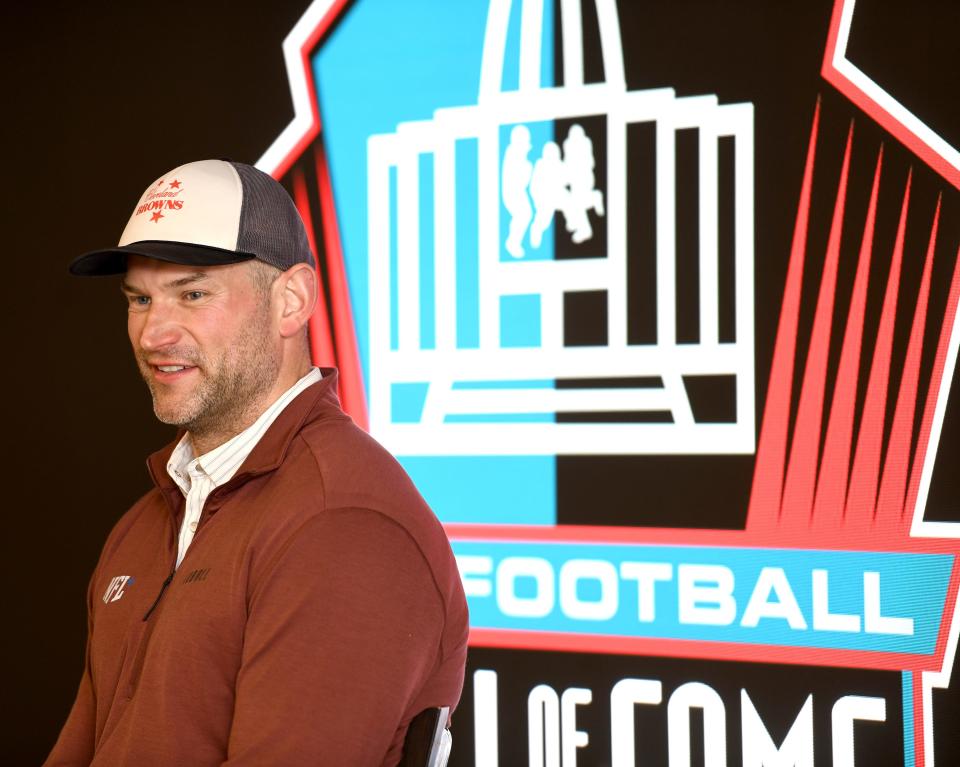 Class of 2023 enshrinee Joe Thomas answers a question at the Pro Football Hall of Fame, Monday, March 6, 2023.