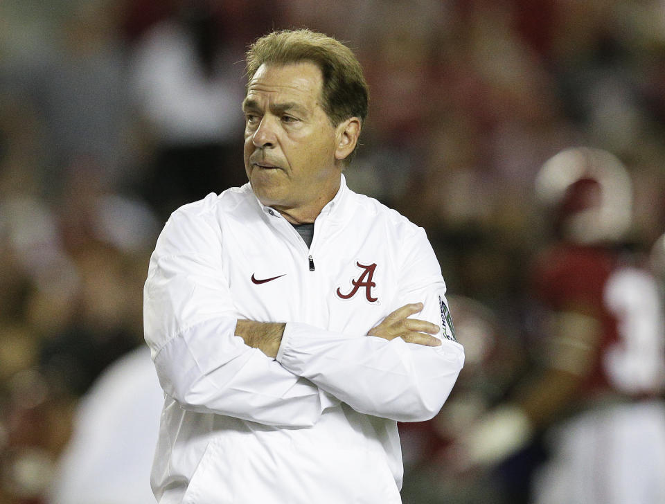 Alabama head coach Nick Saban walks the filed before an NCAA college football game against Mississippi, Saturday, Sept. 30, 2017, in Tuscaloosa, Ala. (AP Photo/Brynn Anderson)