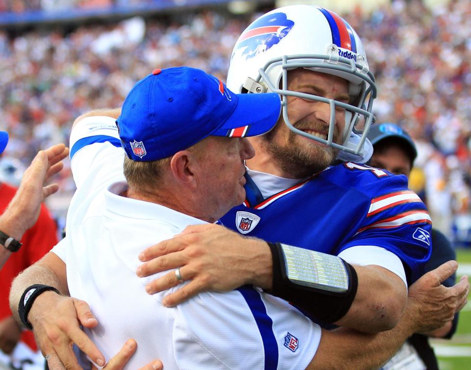 Ryan Fitzpatrick and Chan Gailey celebrate the Bills' come-from-behind victory over the Raiders.