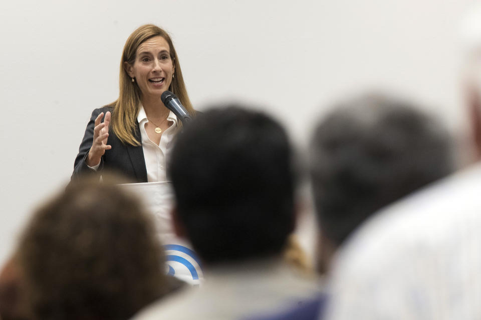 Democratic congressional candidate Mikie Sherrill speaks during a candidate forum at the UJC of MetroWest New Jersey, Tuesday, Oct. 9, 2018, in Whippany, N.J. (AP Photo/Mary Altaffer)