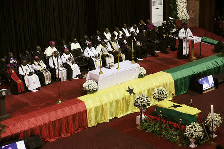 The flag-draped casket of the former United Nations Secretary General Kofi Annan, who died in Switzerland, is seen during the funeral service at the international Conference Centre in Accra, Ghana September 13, 2018. Reuters/Francis Kokoroko