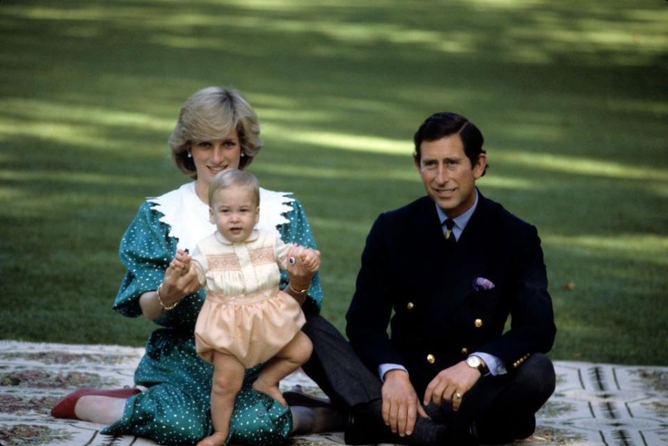 princess diana and prince charles smile while seated on a blanket on a lawn, diana helps prince william as a baby stand by holding both his hands in hers