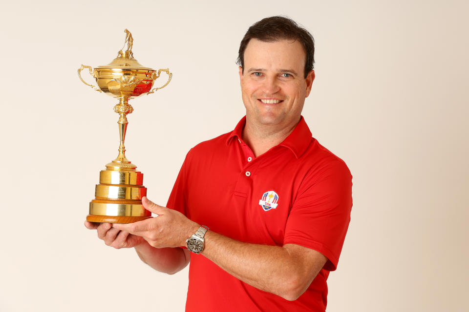 Zach Johnson poses for a photograph with the Ryder Cup Trophy during the Ryder Cup 2023 Year to Go Media Event on October 04, 2022, in Rome, Italy. (Andrew Redington/Getty Images)