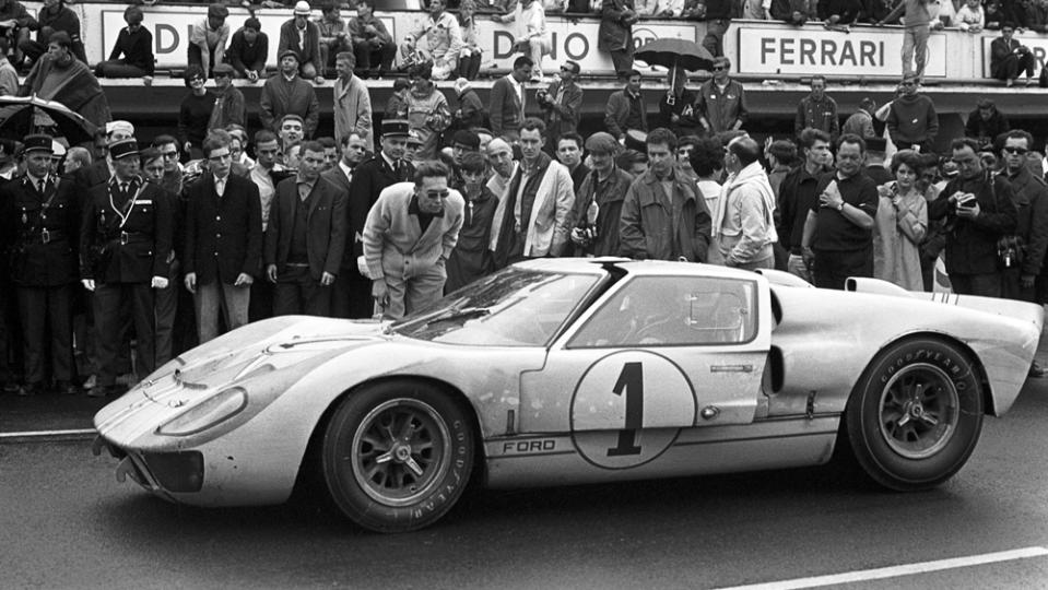 The Ford GT40 MkII piloted by Ken Miles and Denny Hulme after the end of the 24 Hours of Le Mans in 1966.