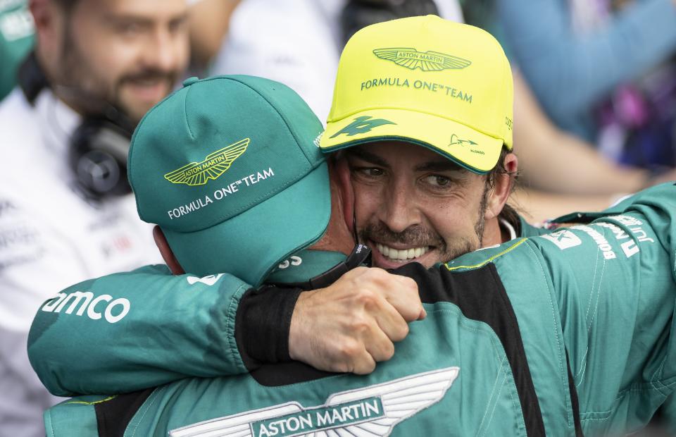 Spanish Formula One driver Fernando Alonso of Aston Martin reacts after placing third at the Formula One Miami Grand Prix at the Miami International Autodrome on Sunday, May 7, 2023, in Miami Gardens, Fla.(Matias J. Ocner/Miami Herald via AP)