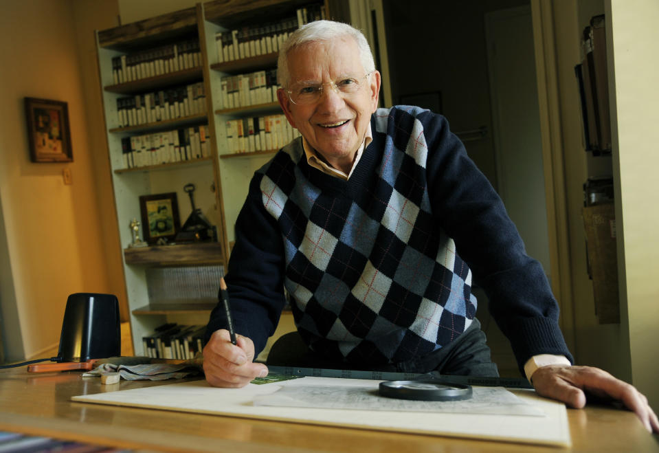 In this Wednesday, Feb. 26, 2014 photo, actor, artist and singer Robert Clary poses for a portrait in his home studio in Beverly Hills, Calif. Clary, who starred in the sitcom “Hogan’s Heroes,” turns 88 on Saturday, March 1, 2014. (Photo by Chris Pizzello/Invision/AP)