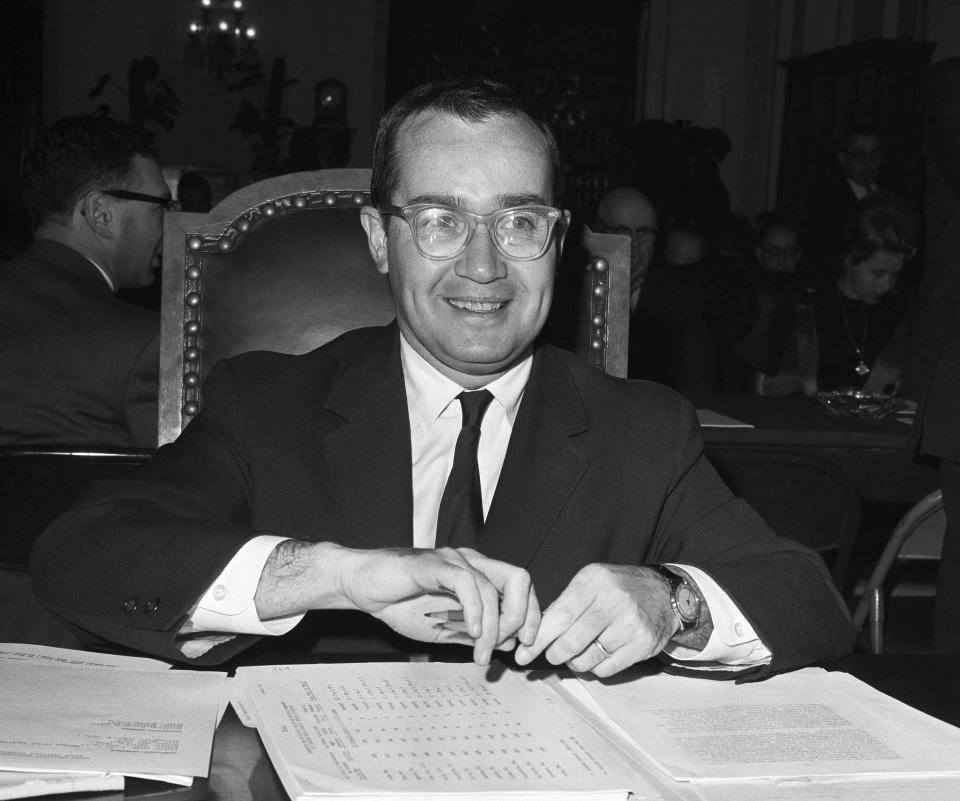 FILE - Newton Minow, Chairman of the Federal Communications Commission, appears before the House Antitrust Subcommittee which is probing newspaper competition, March 13, 1963, Washington. Minow, who as Federal Communications Commission chief in the early 1960s famously proclaimed that network television was a "vast wasteland," died Saturday, May 6, 2023. He was 97(AP Photo, File)