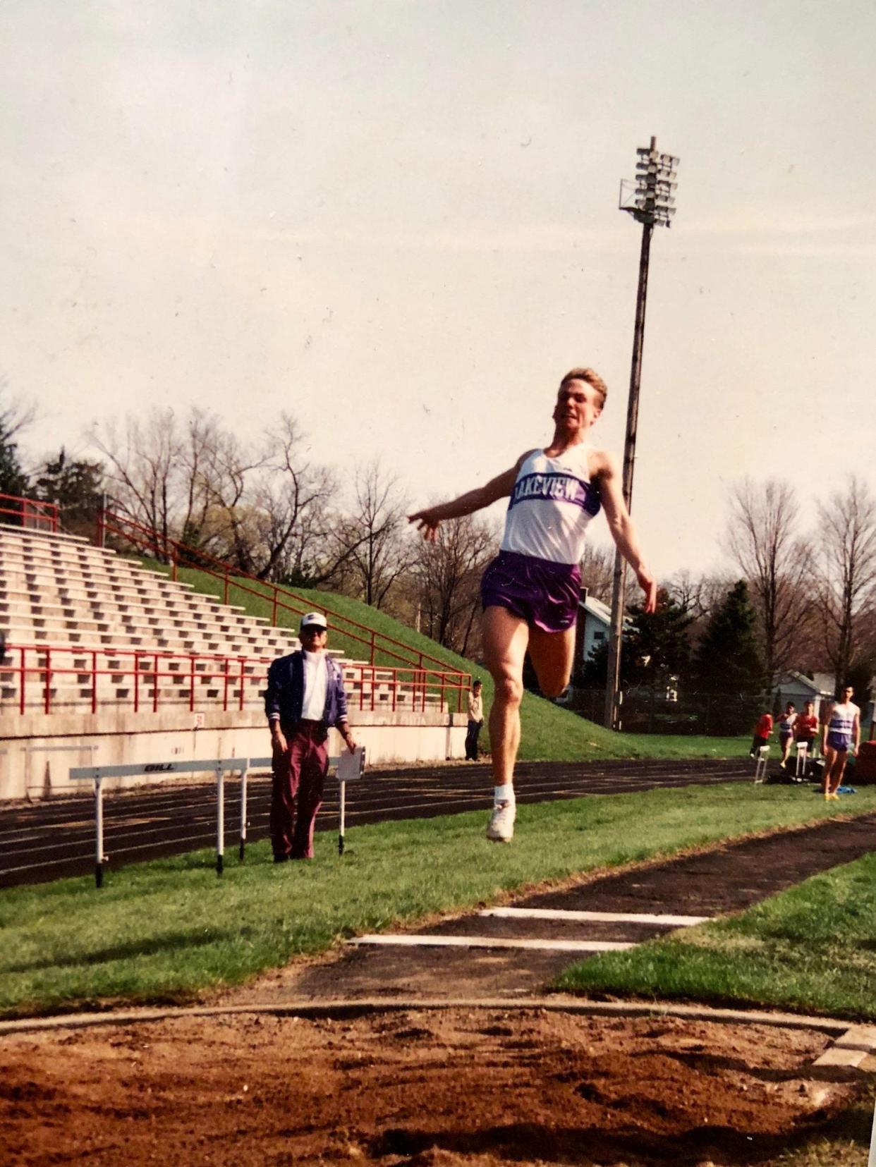 Now Lakeview assistant track coach Jason Moore set the school record in the long jump in 1992. The record was recently broken by current senior Davis Barr.