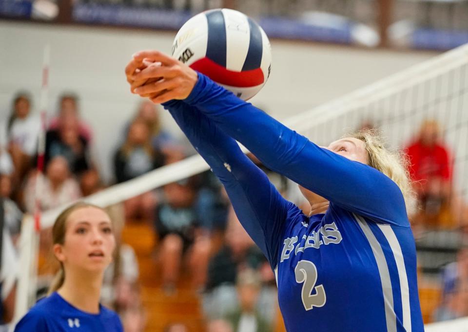 Barron Collier Cougars setter Ava Zehnder (2) hits the ball during the CCAC championship game against the Gulf Coast Sharks at Barron Collier High School on Thursday, Oct. 5, 2023.