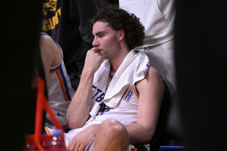 Oklahoma City Thunder guard Josh Giddey (3) sits on the bench Jan. 15 in the second half against the Los Angeles Lakers at Crypto.com Arena.