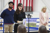 Actor Jennifer Garner speaks during a visit with first lady Jill Biden to a vaccination center at Capital High School in Charleston, W.Va., Thursday, May 13, 2021. (Oliver Contreras/The New York Times via AP, Pool)