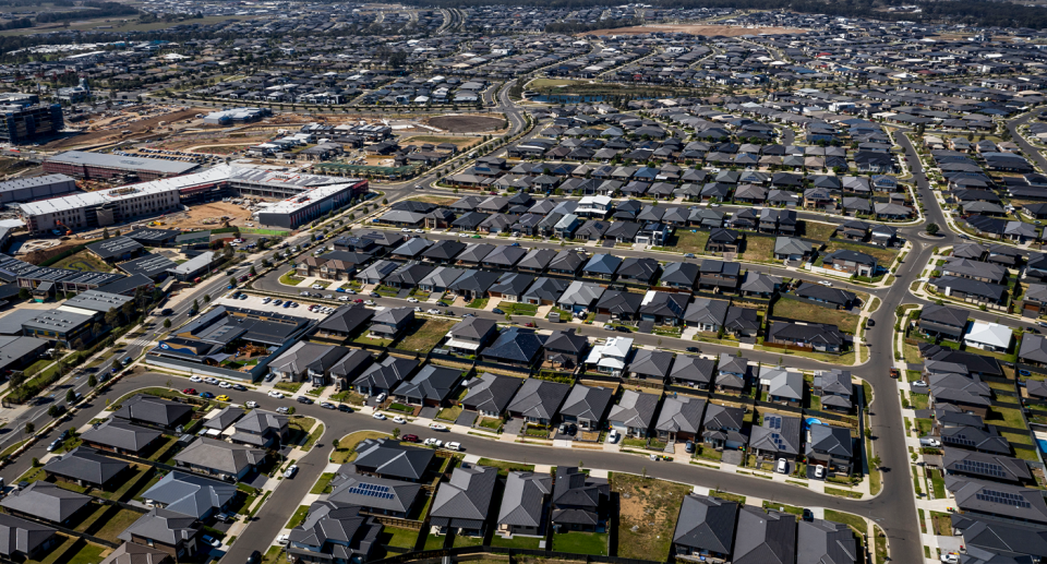 An aerial view of Camden's black roofed houses.