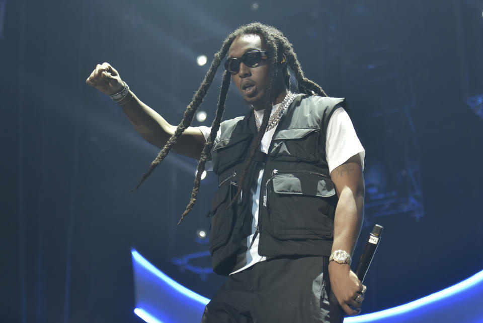 FILE - Takeoff of the group Migos performs during the 2019 BET Experience in Los Angeles on June 22, 2019. A representative confirms that rapper Takeoff is dead after a shooting outside of a Houston bowling alley. Takeoff , whose real name was Kirsnick Khari Ball, was part of Migos along with Quavo and Offset. He was 28. (Photo by Richard Shotwell/Invision/AP, File)