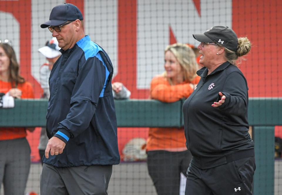 South Carolina Coach Beverly Smith is ejected from the game by an umpire during the bottom of the second inning at McWhorter Stadium in Clemson Tuesday, March 28, 2023.