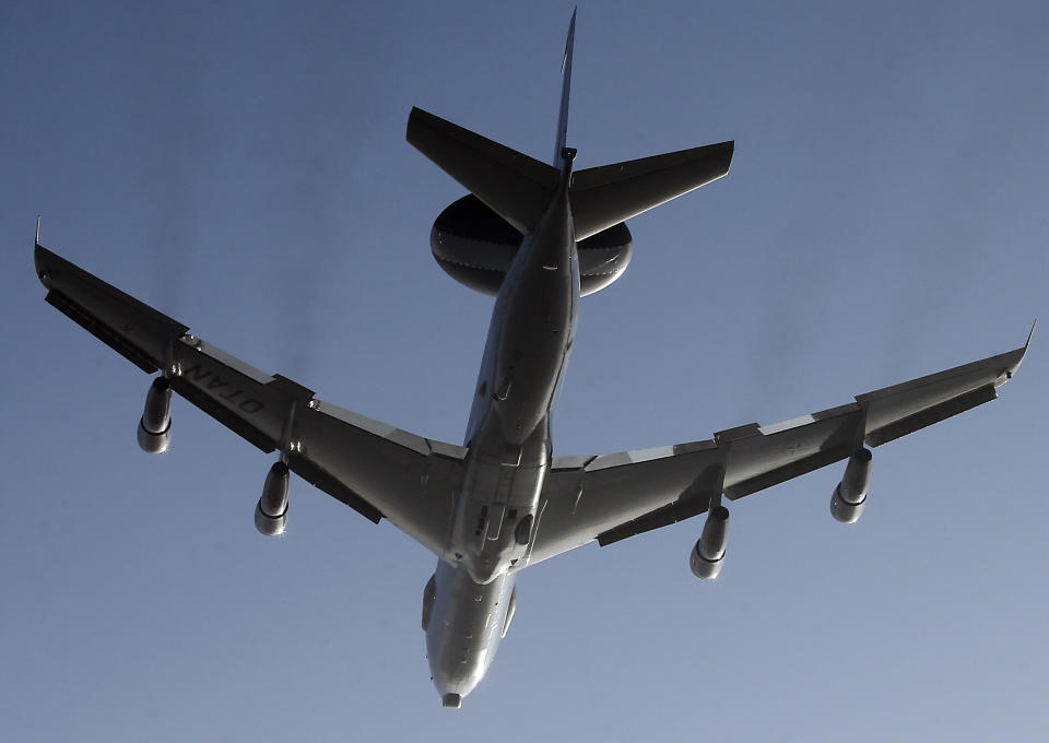 A Nato AWACS plane takes off the NATO Airbase in Geilenkirchen, Germany, Wednesday, March 12, 2014. AWACS planes flying out of Geilenkirchen to patrol over Romania and Poland. (AP Photo/Frank Augstein)