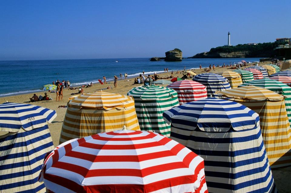 Striped huts on a beach in Biarritz. (Getty Images)