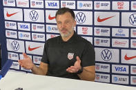 U.S. men’s national team assistant coach Anthony Hudson speaks with reporters following practice at Dignity Health Sports Park in Carson, Calif., on Saturday, Jan. 21, 2023. Hudson is running the U.S. team’s first training camp of the new year in the absence of longtime head coach Gregg Berhalter, whose contract has not been renewed amid a misconduct investigation around him by U.S. Soccer. (AP Photo/Greg Beacham)