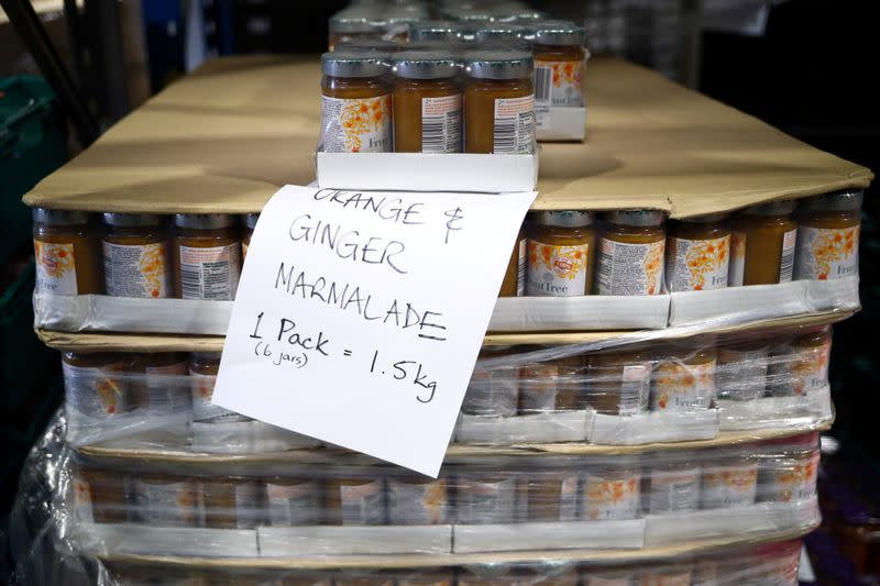 Jars of marmalade are seen ready to be picked for distribution at the FareShare food redistribution centre in Deptford, as the spread of the coronavirus disease (COVID-19) continues, in south east London