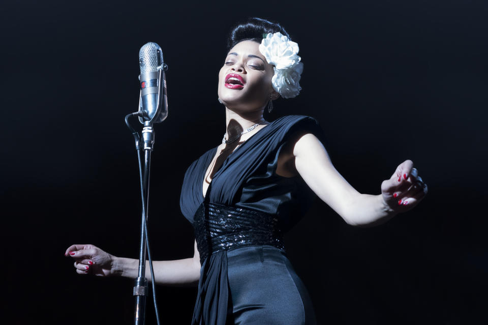 This image released by Paramount Pictures shows Andra Day in "The United States vs Billie Holiday." Day accepted the award best actress in a motion picture drama at the Golden Globe Awards on Sunday, Feb. 28, 2021. (Takashi Seida/Paramount Pictures via AP)