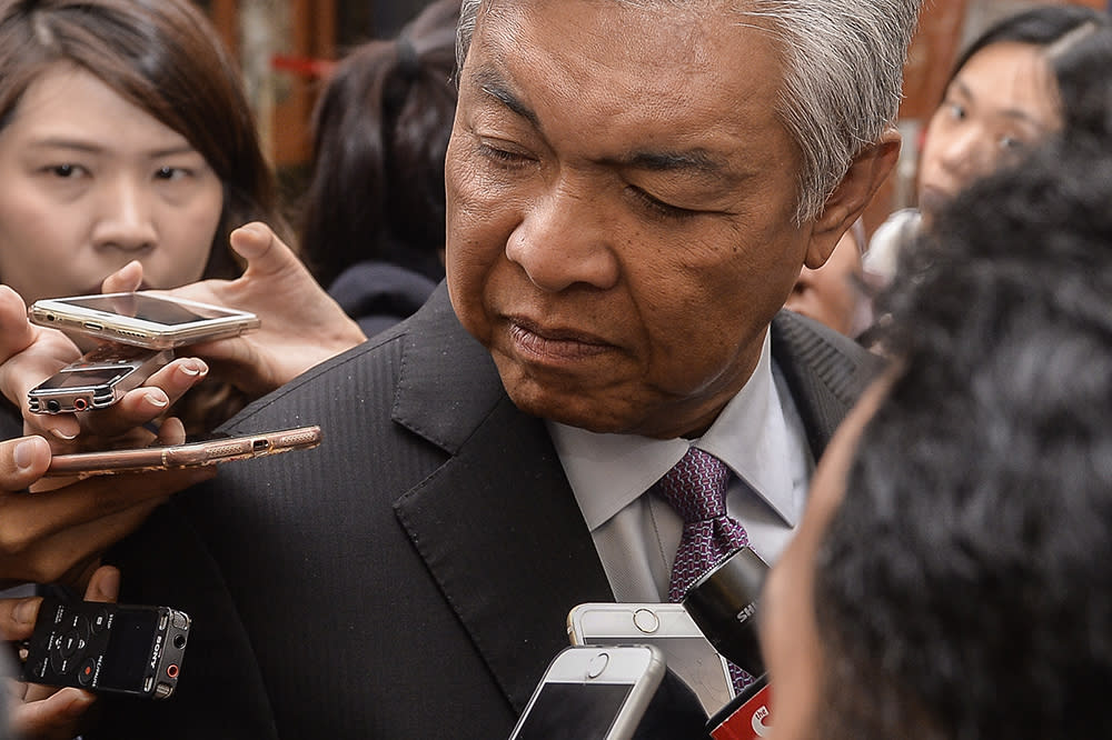 Datuk Seri Ahmad Zahid Hamidi speaks to reporters in Parliament in Kuala Lumpur April 3, 2019. — Picture by Miera Zulyana
