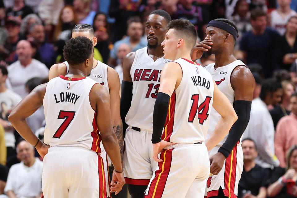 Kyle Lowry, Caleb Martin, Bam Adebayo, Tyler Herro and Jimmy Butler haven't played a meaningful possession together for the undermanned Miami Heat this season.  (Michael Reaves/Getty Images)