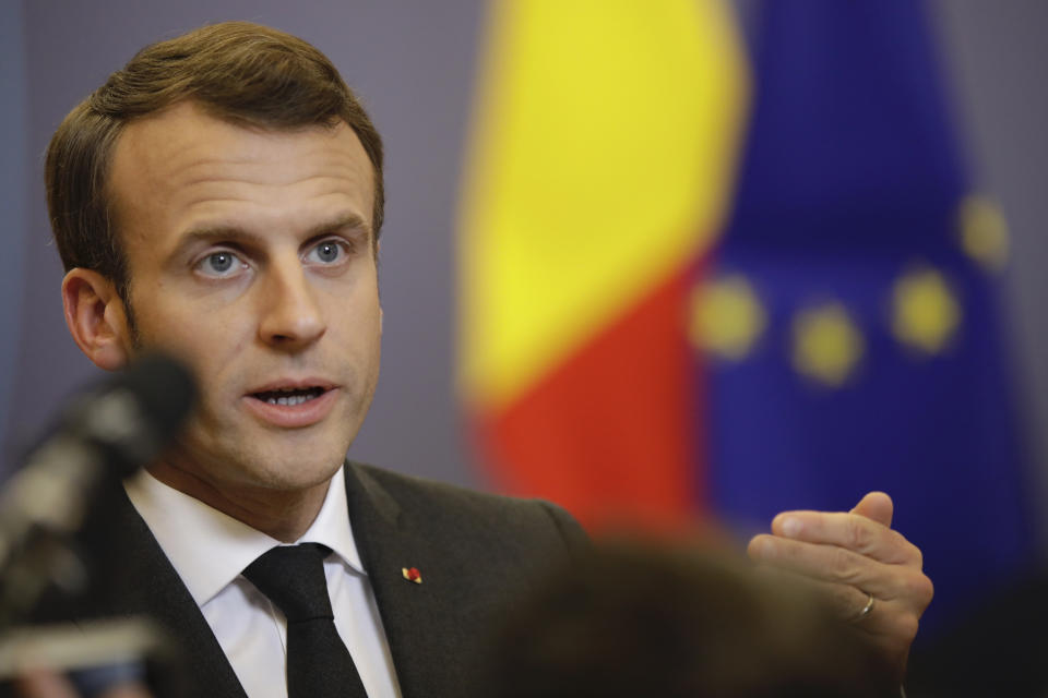 French President Emmanuel Macron speaks at the end of an EU summit in Brussels, Friday, March 22, 2019. Worn down by three years of indecision in London, EU leaders on Thursday were grudgingly leaning toward giving the U.K. more time to ease itself out of the bloc. (AP Photo/Olivier Matthys)