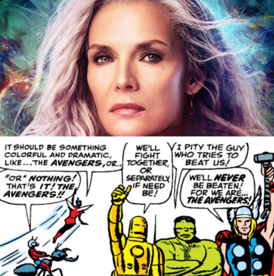 Michelle Pfieffer in Ant-Man and the Wasp: Quantumania, and her original 1963 comics counterpart naming the Avengers.