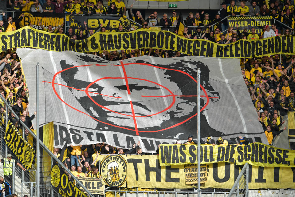 This is the banner that got Borussia Dortmund supporters banned from Hoffenheim. (Photo by Uwe Anspach/picture alliance via Getty Images)