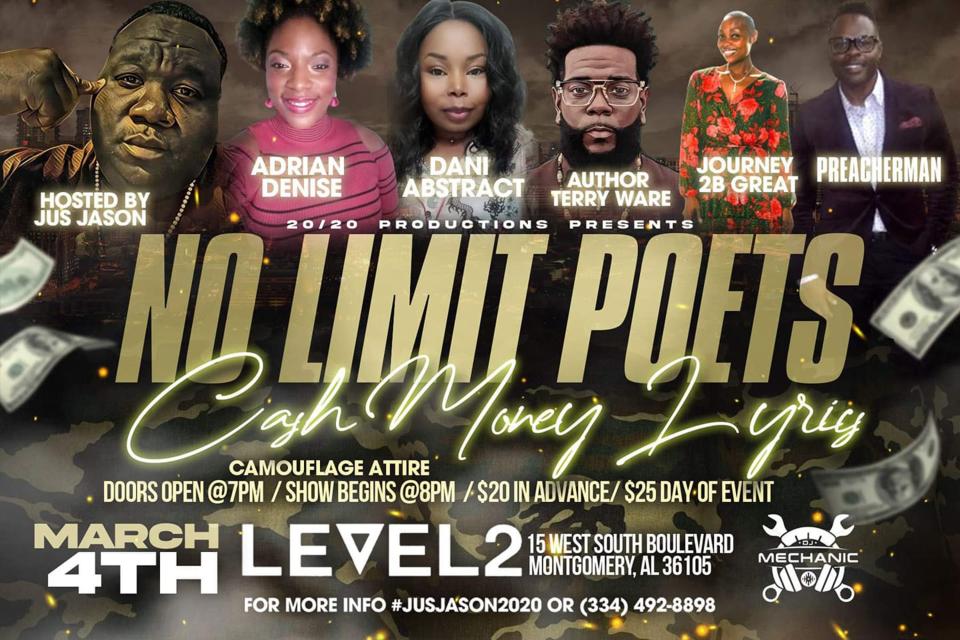 No Limit Poets with Cash Money Lyrics is Saturday at Level 2 in Montgomery.