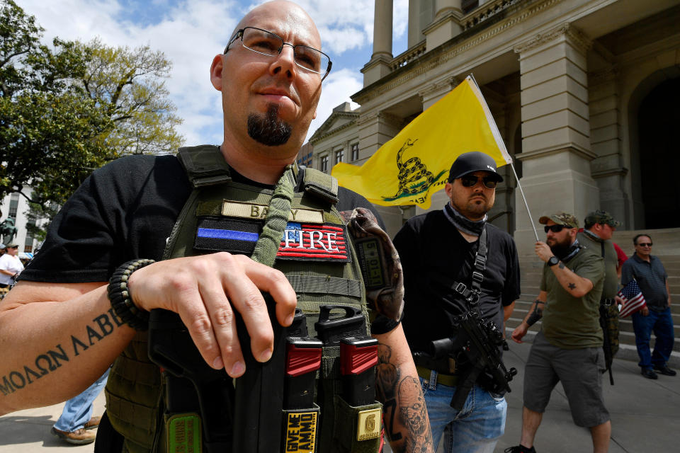 <p>Shaun Baby, of Cartersville, Ga., participates in a gun-rights rally at the state capitol, Saturday, April 14, 2018, in Atlanta, Ga. (Photo: Mike Stewart/AP) </p>