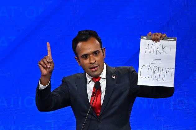 Entrepreneur Vivek Ramaswamy attacks former South Carolina Gov. Nikki Haley during the fourth Republican presidential primary debate in December. She has still risen in the polls.