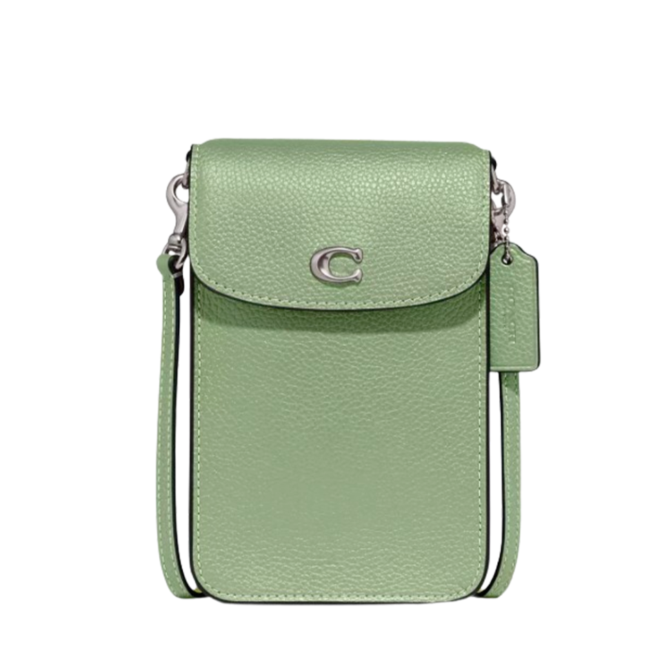 green flap closure phone crossbody bag with silver hardware
