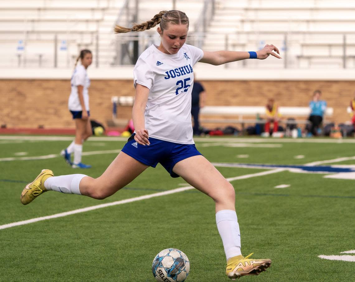 Joshua’s Kaitlyn Rush moves the ball up the pitch against Justin Northwest in a Class 5A area-round girls soccer match on Friday, March 29, 2024 at Boswell High School in Fort Worth ,Texas. Joshua defeated Northwest 4-1. Oscar Perez/O&D Sports Photography