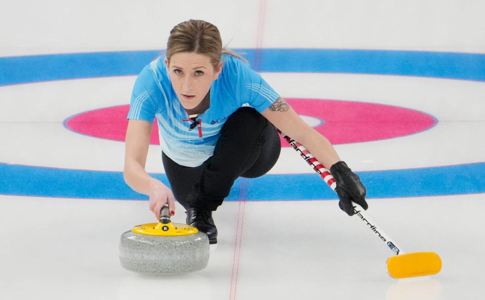 The United States' Vicky Persinger during a curling mixed doubles match in the 2022 Winter Olympics.