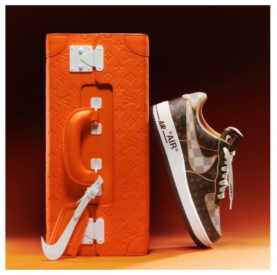 The “Louis Vuitton and Nike ‘Air Force 1’ Collaboration by Virgil Abloh” sneakers and pilot case. - Credit: Courtesy of Louis Vuitton / Courtesy of Sotheby's