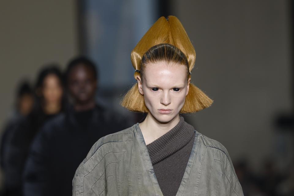 A model wears a creation as part of the Rick Owens Fall/Winter 2023-2024 ready-to-wear collection presented Thursday, March 2, 2023 in Paris. (Vianney Le Caer/Invision/AP)