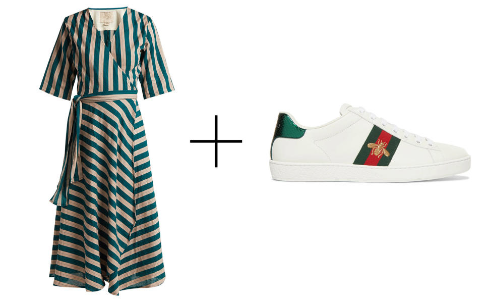 Ace&Jig 'Annalise' Striped Cotton Wrap-dress & Gucci Embroidered Leather Sneakers