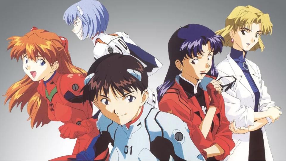 The characters of Neon Genesis Evangelion stand back to back.