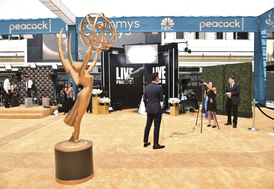 A view of an Emmy's statue appears before the red carpet at the 74th Primetime Emmy Awards on Monday, Sept. 12, 2022, at the Microsoft Theater in Los Angeles. (Photo by Richard Shotwell/Invision/AP)